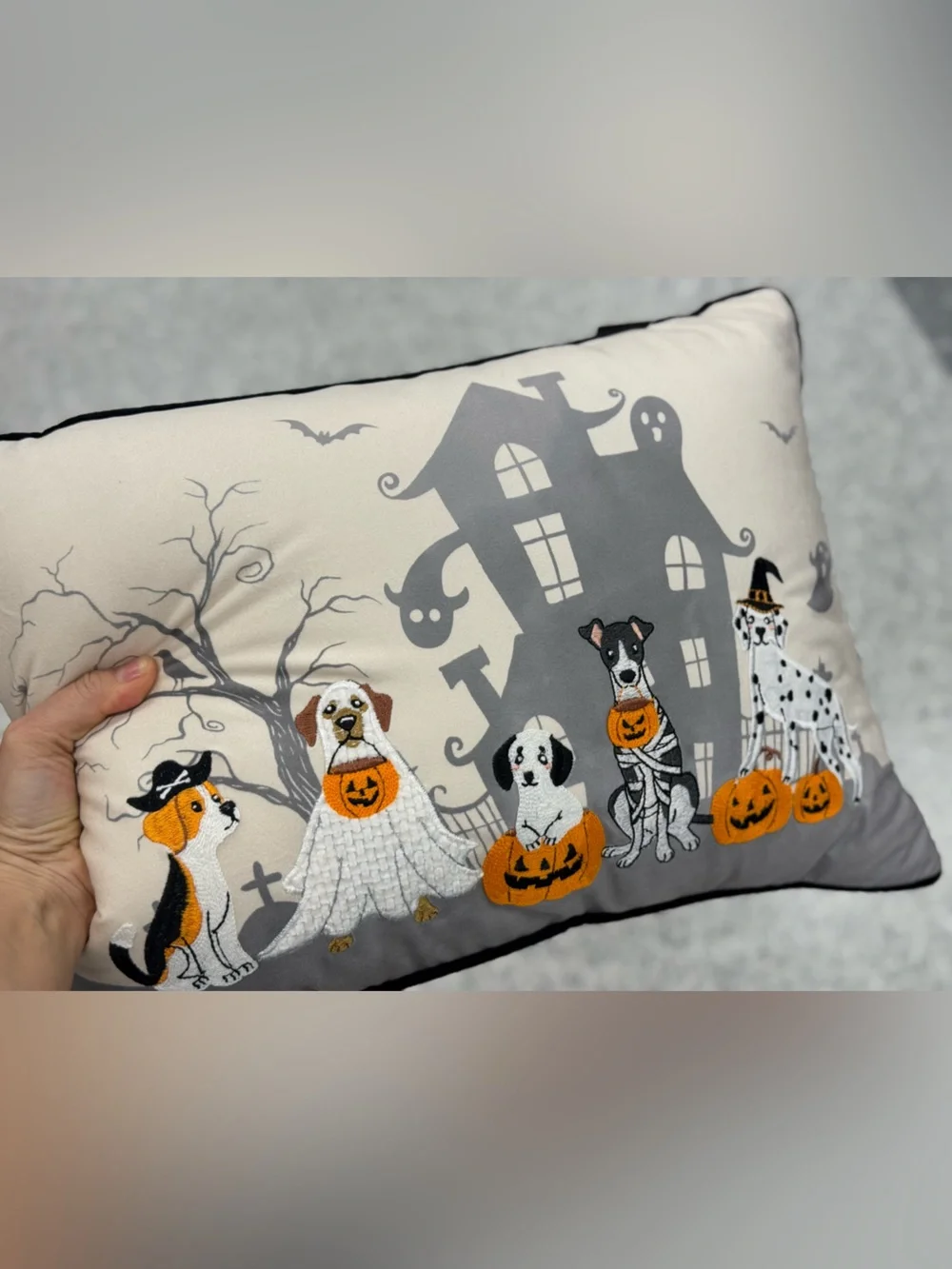Halloween Dog Print Decorative Pillow - Cream and Gray